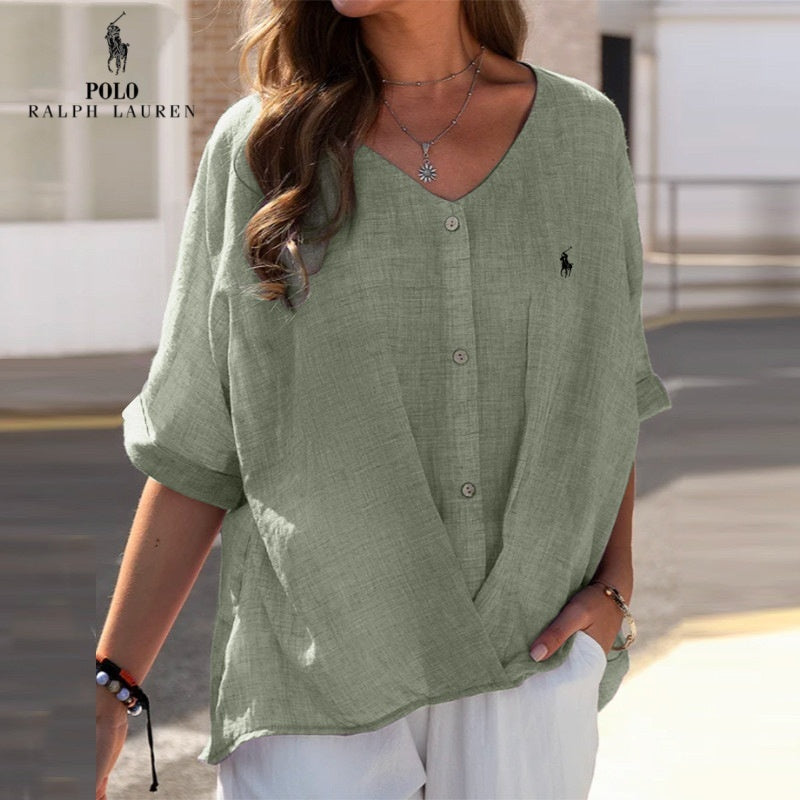 Chemise en lin à col en V et volant pour femme Ralph Lauren